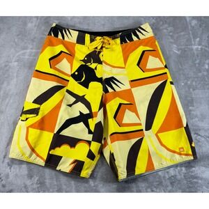 Quiksilver Board Shorts Mens 34 Yellow Orange Abstract Fish A501405 Excellent